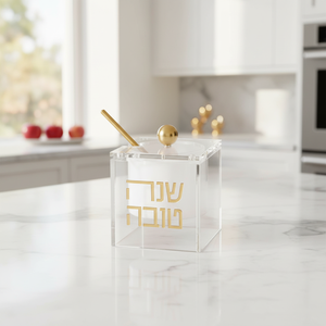 โถน้ำผึ้งอะคริลิคใสหรูหราทันสมัย <span class=keywords><strong>Shana</strong></span> Tova Rosh Hashanah พร้อมกระบวยทองที่จัดแสดงอย่างหรูหราประกอบไว้ล่วงหน้า - Product Image 1