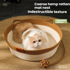 Panier <span class=keywords><strong>pour</strong></span> animaux de compagnie en corde de coton tressée à la main, style moderne, oreilles de chat, <span class=keywords><strong>pour</strong></span> chats et petits chiens, avec tapis en lin respirant et résistant aux griffures - Product Image 1