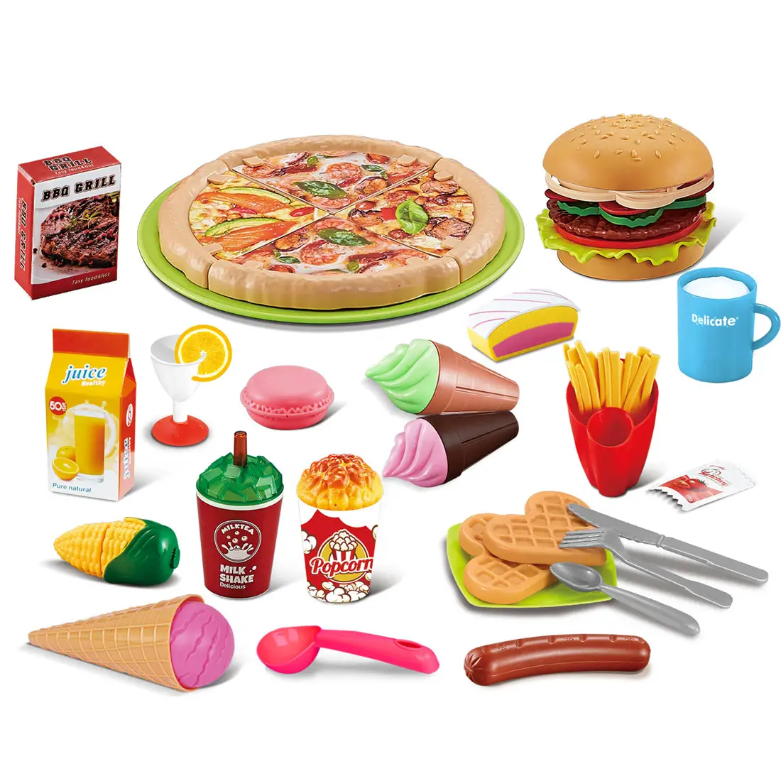 Role Play Fast food with Pizza Hamburger model Kitchen Toys Set Plastic Kitchen Cutting Food toy for girl and boy