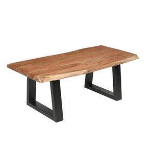 Mesa de centro con patas plegables de hierro/madera, tablero de borde natural, color negro/natural, de madera de acacia, precio al por mayor - Product Image 1