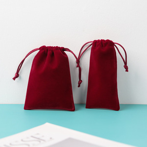 Burgundy Velvet <b>Drawstring</b> <b>Pouches</b> For Jewelry Storage And Gift Packaging Small Rectangular Size With Custom Logo Printing - Product Image 1