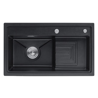 Évier de cuisine rectangulaire en granit quartz, cuve simple, avec égouttoir, robinet extractible inclus, distributeur de savon, noir mat, moderne