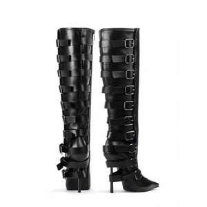 Botas Largas de Mujer Talla Grande 46 con Hebillas Metálicas Traseras, Tacón Alto Delgado, Punta Puntiaguda, Botines Altos hasta la Rodilla, Ajuste Ancho, Zapatos con Cremallera Lateral - Product Image 4