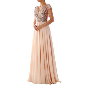 Robe de soirée longue en mousseline de soie à paillettes, col en V, rose, robe formelle d'été - Product Image 1