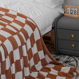 Lightweight Chartreuse and Beige Bed <strong>Blanket</strong> Reversible Knitted Checkered Plaid Woven Tapestry Throw <strong>Kingsize</strong> - Product Image 4