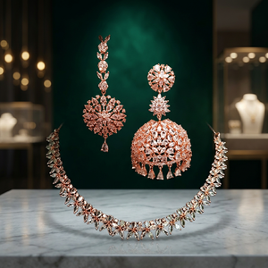 Bijoux de mode indiens en laiton blanc ovale plaqué or rose avec CZ, collier et boucles d'oreilles Jhumka pour femmes, pour mariage et fête - Product Image 3