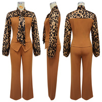 Ensemble deux pièces pour femmes, imprimé léopard, patchwork, haut à manches longues avec nœud papillon et pantalon large, costume assorti pour femmes d'affaires