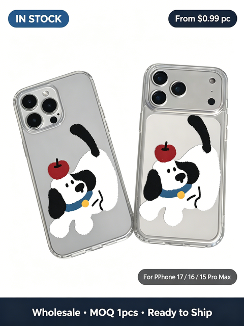Cute Cartoon Dog with Red Apple Pattern Clear TPU Case, Soft Shockproof Phone Cover for iPhone 17 16 15 14 13 Pro Max