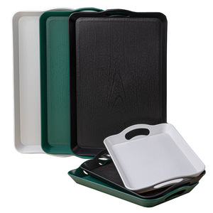 PP Wood Grain Rectangular Serving Tray With Handle For Restaurant Bakery Use - Product Image 1