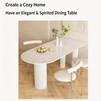 Table de salle à manger moderne contemporaine en pierre frittée crème - Table îlot de cuisine de luxe avec pieds colonnes romaines, écologique pour les petits espaces