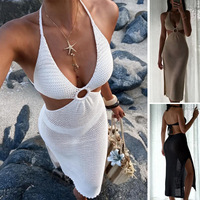 Robe longue midi pour femme, style licou, en crochet, à découpes, avec anneau à la taille, fente latérale, cache-maillot de bain, robe de plage et de vacances