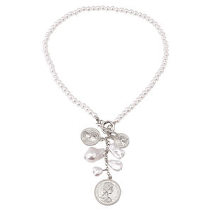 Collar de Perlas de Imitación Estilo Barroco Vintage con Colgante de Moneda y Borla, Cadena de Cuentas Estilo Europeo, Bañado en Oro Blanco, para Uso Diario - Product Image 4