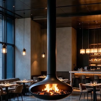 Cheminée suspendue contemporaine à bois, poêle à bois suspendu au plafond, grande foyer, chauffage à feu véritable