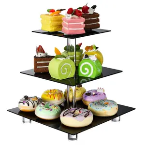 Black Acrylic Cupcake Stand, Clear Dessert Tower Holder Display with Base for Wedding, Party, Baby Shower, 3 Tier Square