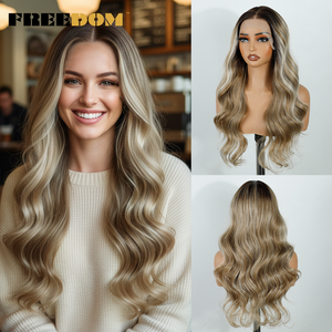 FREEDOM 26 pouces de <span class=keywords><strong>long</strong></span> synthétique avant de lacet perruques 360 dentelle frontale pour Ombre <span class=keywords><strong>Blonde</strong></span> mettre en évidence petite taille de casquette pour les femmes - Product Image 6
