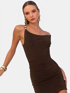 Nuovo Abito Corto Monospalla Monocolore Senza Maniche, Asimmetrico, Aderente, Elegante, per Feste, Club e Casual - Product Image 2