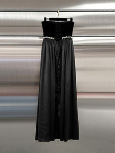 Elegante vestido de fiesta hasta el suelo personalizado perla sin tirantes una línea delgada vestido de fiesta de graduación negro satén vestido de noche con lentejuelas - Product Image 5