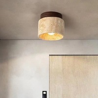 Lampe de plafond en travertin jaune naturel de style Wabi Sabi japonais, base en bois massif, lumière en pierre E27 pour entrée, salon