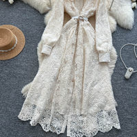 Robe élégante pour femmes WIWT, robe décontractée à manches longues avec broderie en dentelle et ceinture, pour tous les jours et les soirées, robes pour femmes
