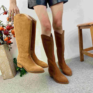 Manlunluo Nouvelle Collection Automne Bottes de Chevalier en Cuir de Vachette Pleine Fleur à Bout Pointu, Couleur Unie, Semelle Composite, Style Décontracté et Tendance, Style <span class=keywords><strong>Forêt</strong></span> - Product Image 2