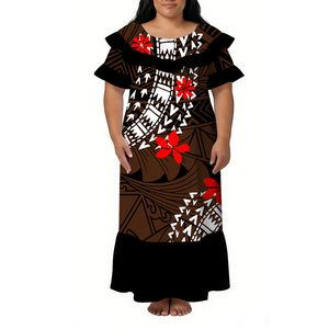 Abito Lungo Estivo Personalizzato all'Ingrosso Stile Hawaii con Collo Tondo e Stampa Polinesiana, Vestito da Donna con Doppia <span class=keywords><strong>Manica</strong></span> <span class=keywords><strong>Corta</strong></span> a Volant - Product Image 1