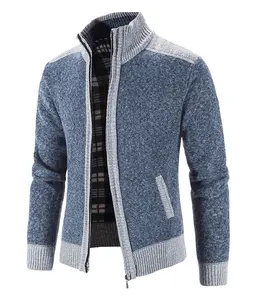 Suéter de moda para hombre, Chaqueta de punto de retales, ajustado, cuello levantado, cárdigan grueso y cálido, abrigos de invierno, novedad