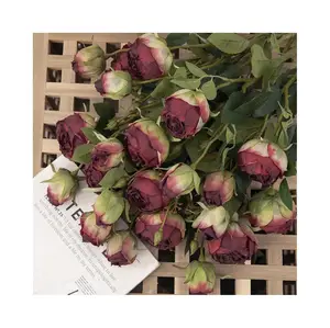 2 teste bordo bruciato Rose artificiali Bouquet di fiori da sposa prezzo competitivo rosa di seta arrostita al fuoco decorazioni per la casa fiore