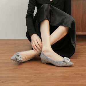 Elegant Pointed Toe Heeled Sandals with Crystal Decoration Mid Heel Internal Lift <b>Height</b> <b>Increasing</b> Bride's Wedding <b>Shoes</b> - Product Image 4