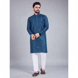 FANCY BREATHABLE COTTON EMBOSED PRINTED <b>MIRROR</b> WORK FORMAL MEN'S KURTA PAJAMA RAMA Achkan Bandhgala Sherwani - Product Image 2