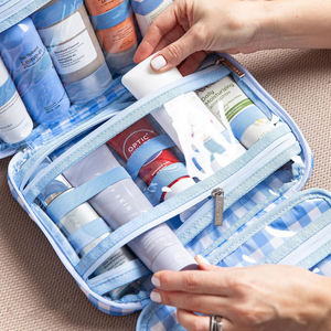 Trousse de Toilette Bleue à Carreaux Vichy, Taille Moyenne, Suspendable, Fermeture Éclair, Poches Plates, Sac Cosmétique Élastique Sécurisé, Sacs et Trousse de Maquillage - Product Image 6