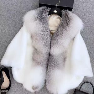 Cape de luxe en vraie fourrure de vison <span class=keywords><strong>blanc</strong></span> avec grand col en fourrure de renard, <span class=keywords><strong>boléro</strong></span> en fourrure de vison véritable, veste courte en fourrure pour <span class=keywords><strong>femme</strong></span>, manteau d'hiver - Product Image 4