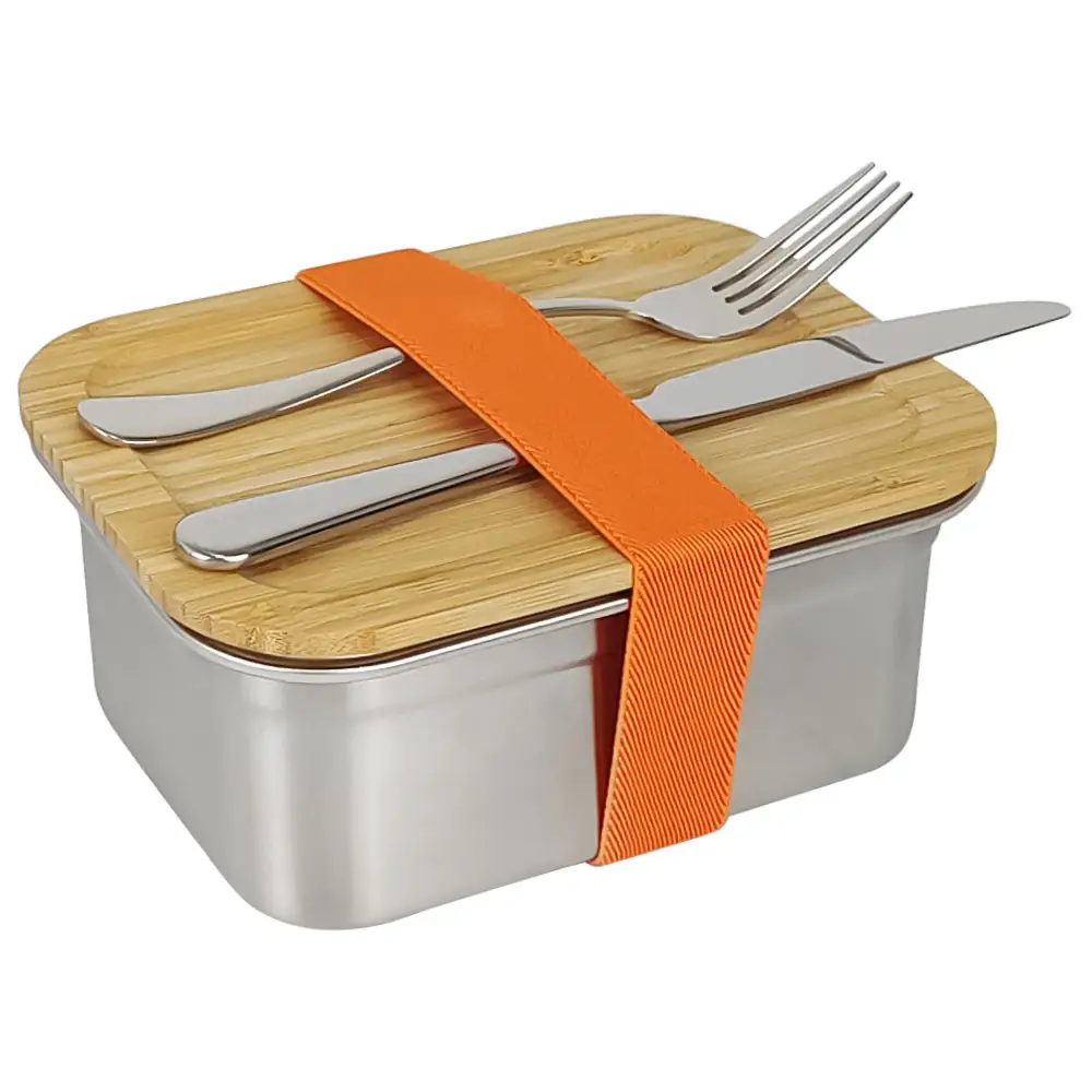 Stainless Steel Sandwich Box School Meal Prep Metal Lunch Box Kids Food Container with Bamboo Lid Orange Large 1.2L