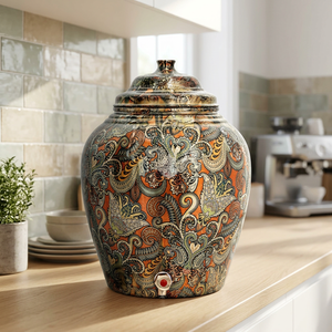 Distributeur d'eau chaude et froide en cuivre avec motif floral orange et robinet réutilisable pour usage domestique - Product Image 1