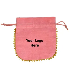 定制Logo拉绳袋纯棉饰品包装袋印度手工浅粉色结婚喜好有机袋批发