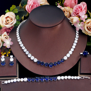 Conjunto de joyería de tenis para hombre y mujer, Set de 4 unidades de anillo y pendientes redondos de zirconia cúbica azul y blanca, pulsera americana de boda, collar, anillo y pendientes - Product Image 4