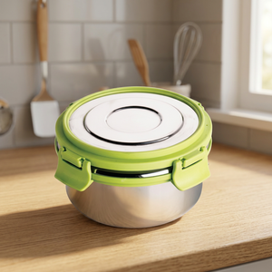 Conteneur Rond en Acier Inoxydable FUSION STEEL 400 ML avec Couvercle en Plastique Vert, Scellé Hermétiquement, à un Seul Niveau, Taille Moyenne - Product Image 1