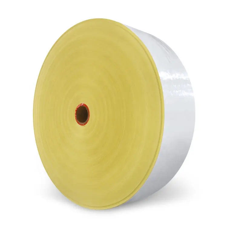 Etichetta a trasferimento termico in carta patinata da 80g/mq rotolo Jumbo adesivo autoadesivo carta semilucida con colla permanente linea gialla