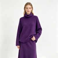 Ensemble 2 pièces en tricot violet à col roulé pour femme, vente en gros, directement de l'usine, pull à manches longues en mélange de laine et jupe, tricot d'hiver en gros