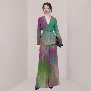 春季新款纯色V领纽扣腰上衣垂坠大阔腿裤女套装2件套 - Product Image 1