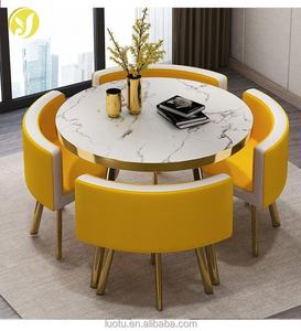 طاولة طعام فاخرة مستديرة مع كراسي معدنية من خشب MDF للبيع الساخن، مناسبة لغرفة المعيشة والمطعم والبار والمكتب، تتضمن طاولة واحدة و4 كراسي - Product Image 5