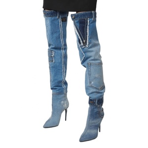 Handmade Denim Women's Sewing Patchwork Knee High Thin Heels Pockets Autumn Winter Mesh Boots Pointed Toe <b>Shoes</b> Stiletto Wide - Product Image 3