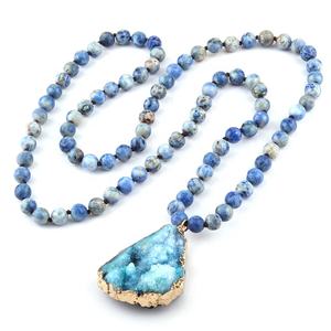 ผู้หญิง 8mm หินธรรมชาติ Aqua Dot สร้อยคอยาว Knotted ไม่สม่ำเสมอ Druzy จี้สร้อยคอ - Product Image 5