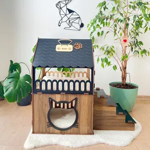 木制猫屋两只猫的2层猫床 | 深色胡桃木模型 | 猫城堡宠物屋和家具