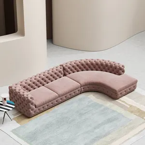 现代奢华设计客厅家具粉色天鹅绒模块化沙发l形软垫切斯特菲尔德沙发套装