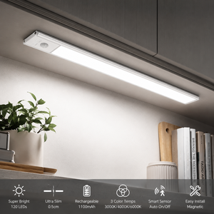 Barre lumineuse LED ultra-mince en aluminium de 60 cm avec détecteur de mouvement, sans fil, rechargeable, haute luminosité, à intensité variable pour cuisine - Product Image 6