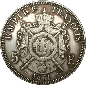 Pièce de monnaie française de 5 francs plaquée argent, reproduction de la pièce de monnaie française de l'Empereur <span class=keywords><strong>Napoléon</strong></span> III couronné, ancienne FRANCE, 1861-1867, <span class=keywords><strong>pièces</strong></span> de collection en cuivre - Product Image 2