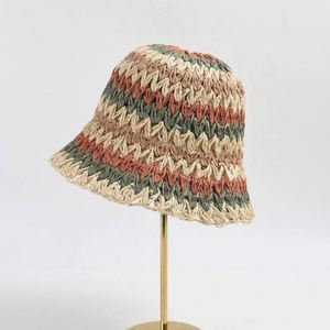 Wholesale Daily Travel Beach Rainbow Striped Hand-hooked Paper <b>Straw</b> Summer Fashion Sunshade Sun Hand Knitted Bucket <b>Hat</b> - Product Image 1