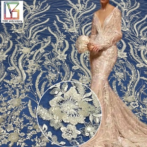 Chất lượng cao trắng 3D đính cườm <span class=keywords><strong>Sequins</strong></span> vải tuyn ren sang trọng Bridal hoa thêu với hạt Net Wedding Dress ren vải - Product Image 1