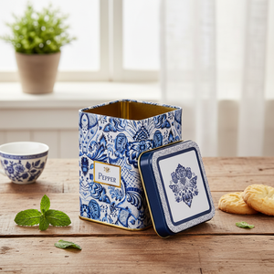 Kontensan ER0086K 0.5L Square Metal <b>Box</b> Slip <b>Lid</b> Azulejo-Inspired Blue White <b>Decorative</b> Pattern Recyclable Tinplate Mint Biscuit - Product Image 3