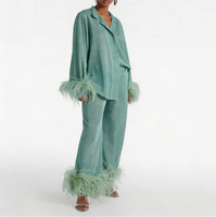 Nouvelle Collection 2025 – Ensemble 2 Pièces Femme : Haut à Manches Longues et Col Montant en Plumes, Couleur Unie, Tendance Décontractée, en Polyester/Coton Antistatique